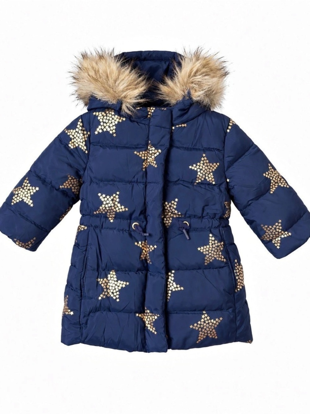 babyGap Girls Navy Gold Star Faux Fur Hood Puffer Coat 12-18M